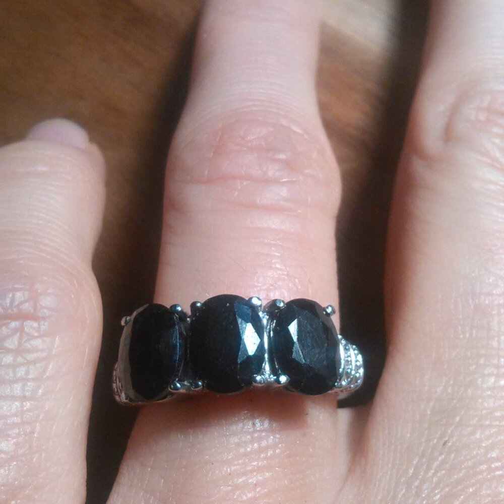Midnight Sapphire Three Stone Stainless Steel Ring (Size 7) - Picture 9 of 14